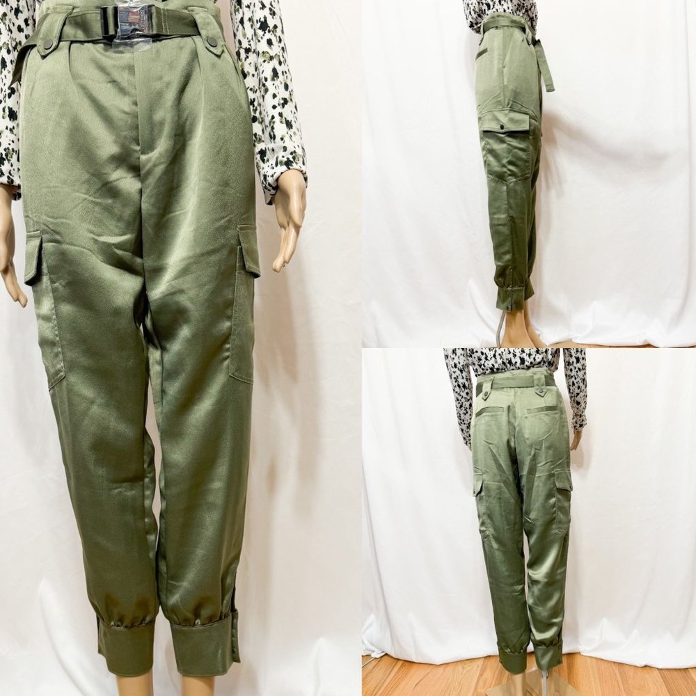 Guess NWT Sz4 Lichen Leaf Green Cargo Flap Patch Pockets Silky Band Cuff Pants
